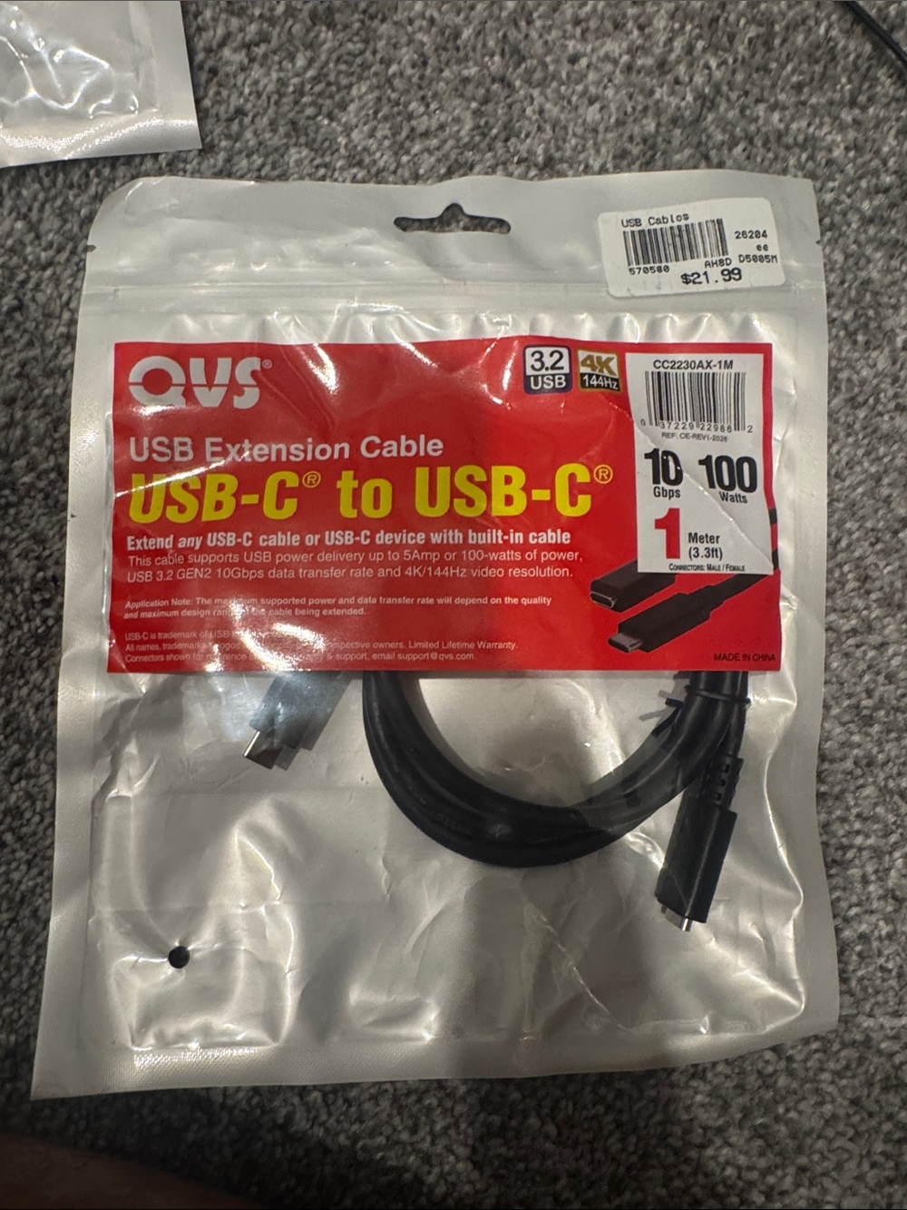 Qvs Black USB-C to USB-C Extension Cable 10gbps 100watts